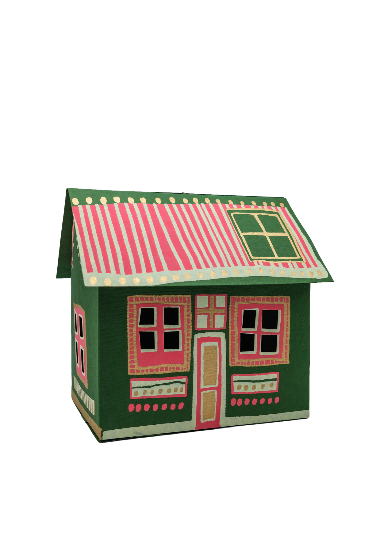 Artisan screen-printed gingerbread house decoration made from recycled paper