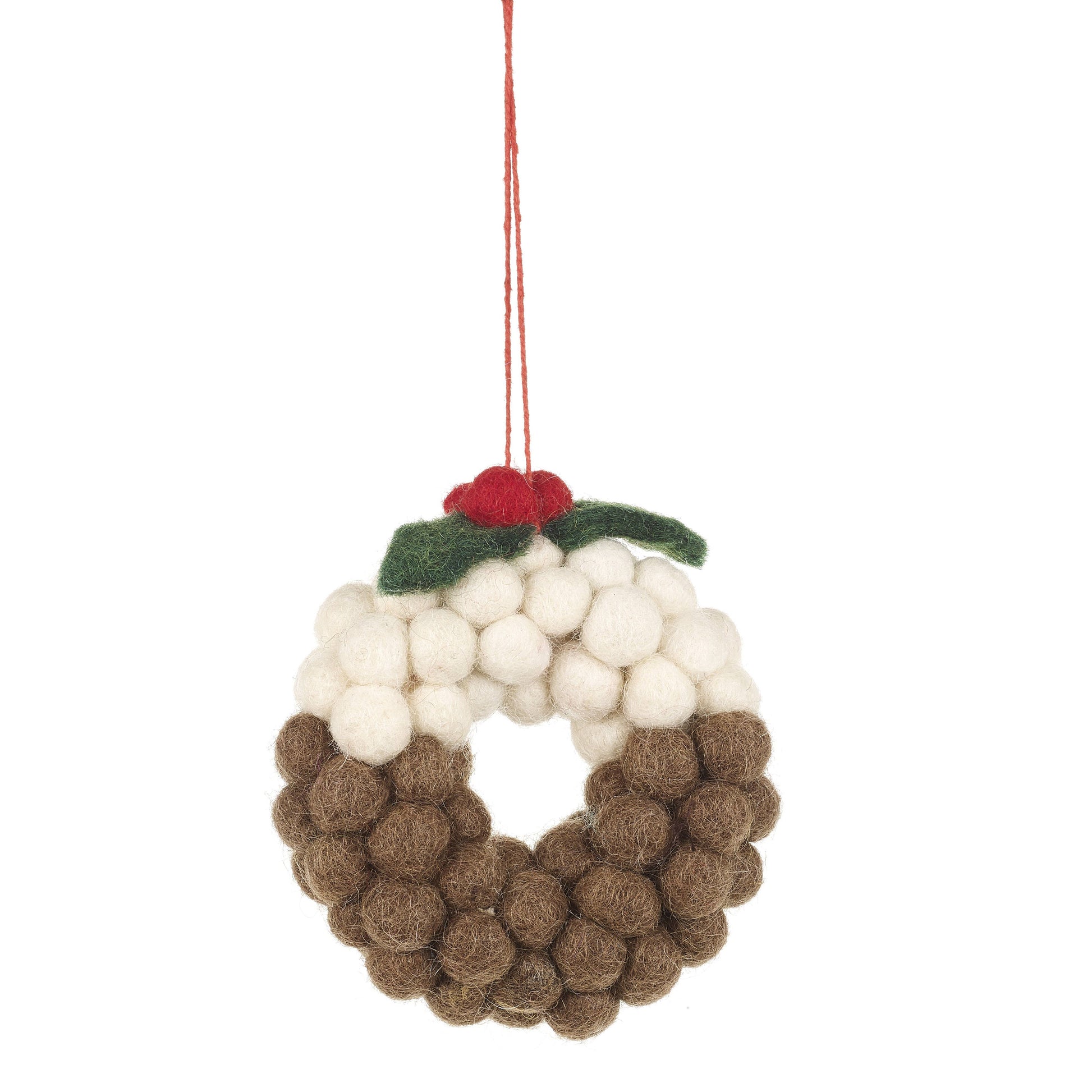Handmade felt mini Christmas pudding wreath hanging decoration by Felt So Good, eco-friendly wool felt with hand rolled balls, sustainable and fair trade
