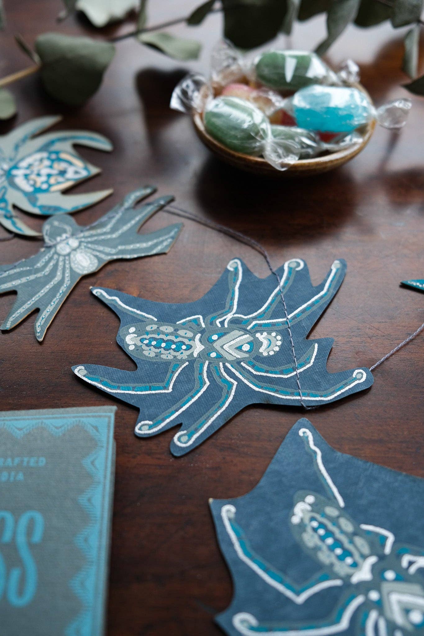 Hand-sewn recycled Halloween garland with 20 spooky screen-printed spiders
