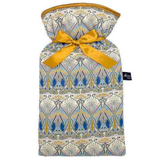Liberty Ianthe Nouveau hot water bottle with padded Tana Lawn cotton cover and bronze satin drawstring, by Alice Caroline.