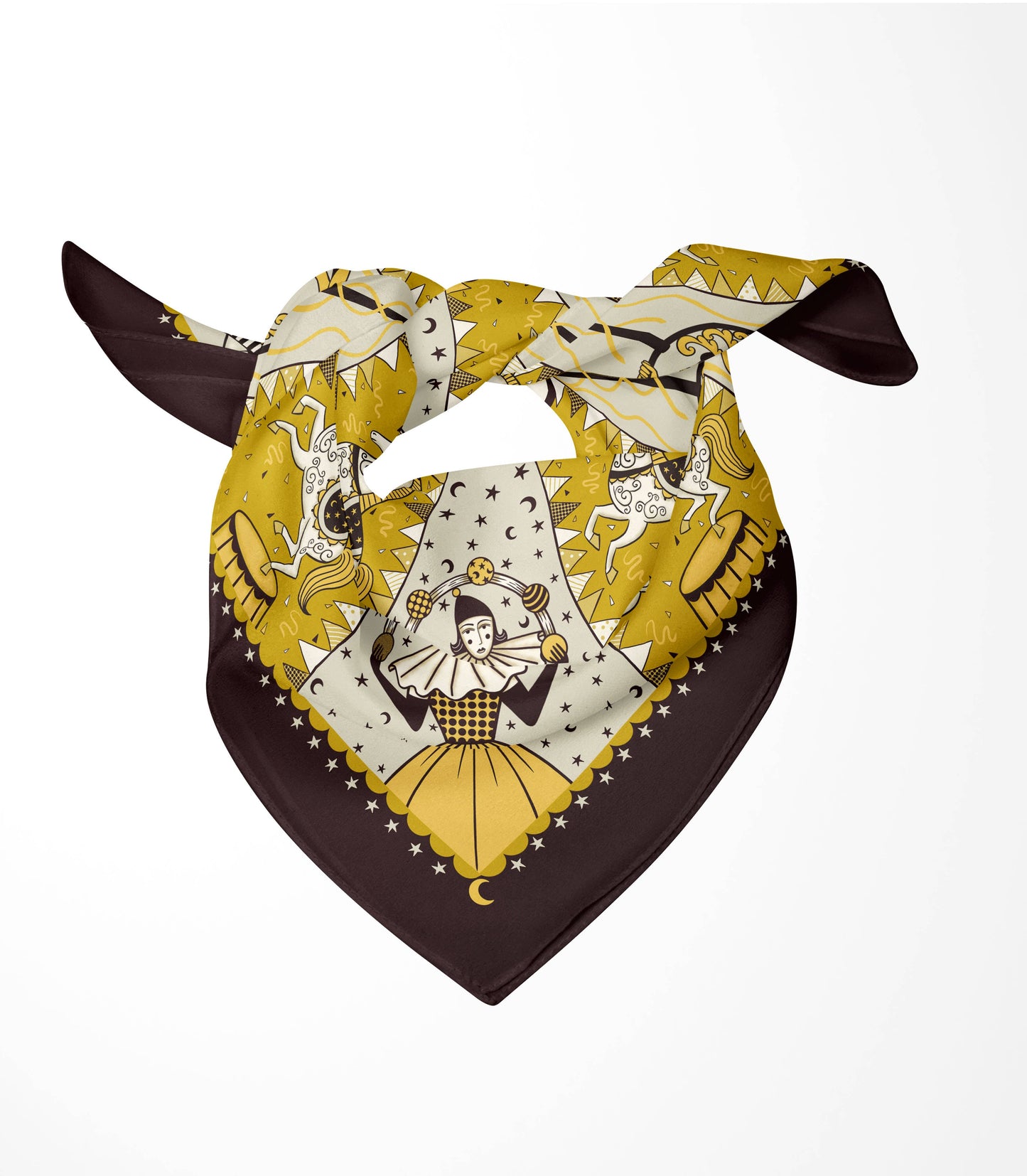 Eco silk twill pocket square with original Night Circus print by Su Owen; features Pierrot juggler, aerialist, horses, moons, and stars. Golden yellow, ivory, and dark chocolate colours. Made from 100% recycled polyester.