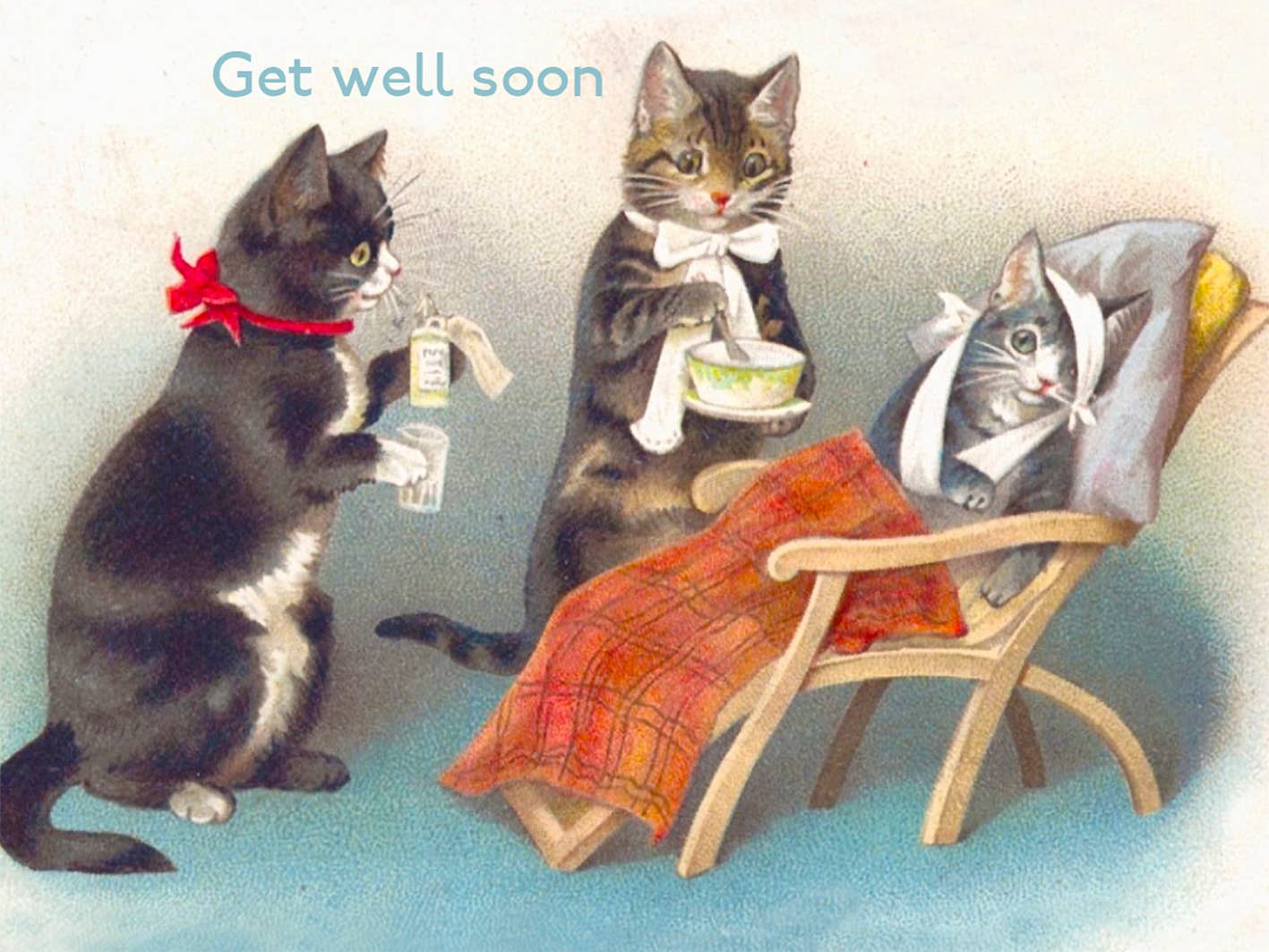 Make your loved ones smile with this adorable vintage get well mini card, featuring the cutest kittens playing nurse to their bandaged friend. Show them they're on your mind! With the words Get Well soon at the top of the card.