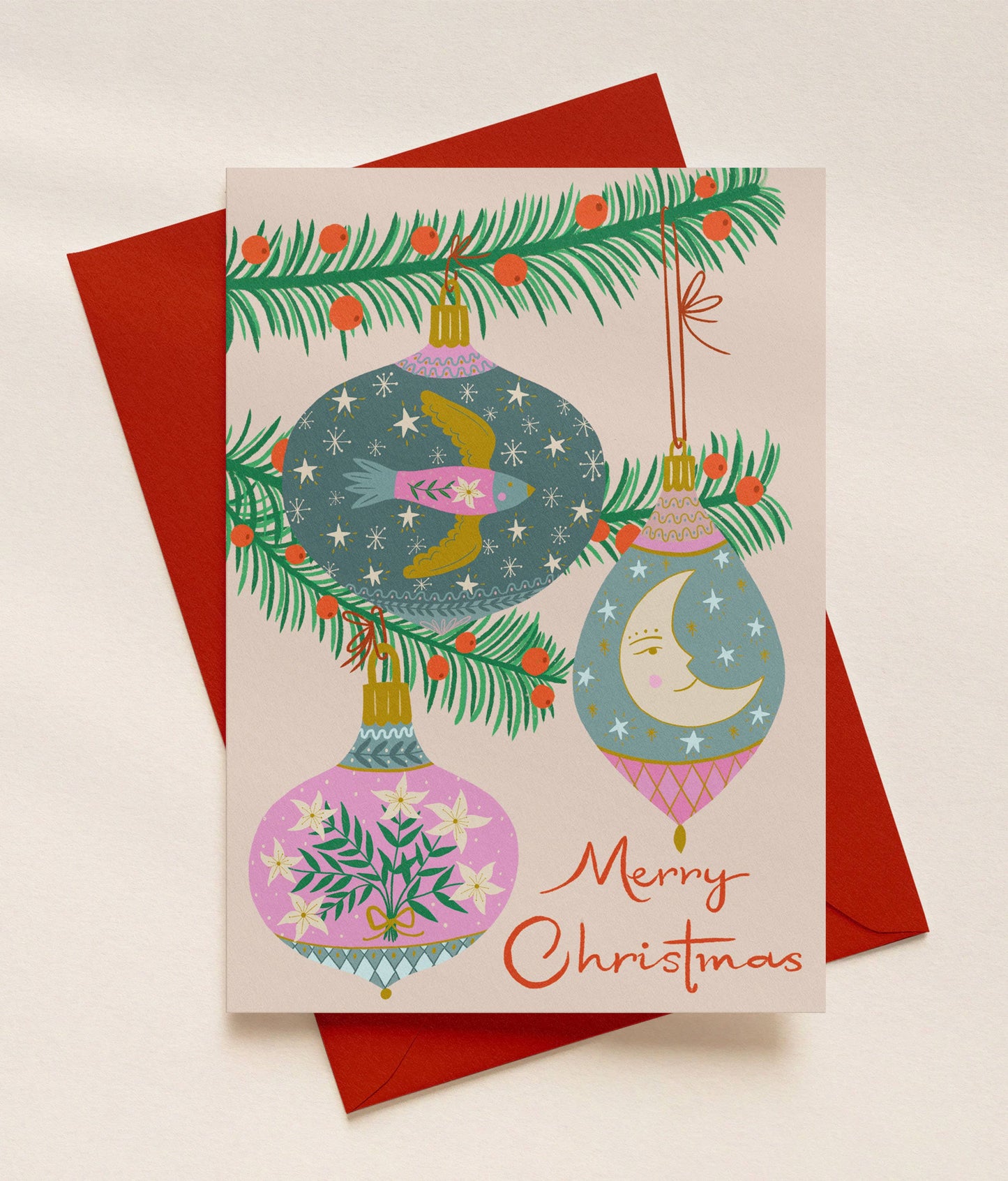 Whimsical Christmas Baubles A6 Pastel Christmas Card