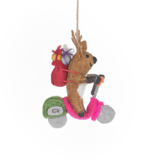 Close-up of Comet the Reindeer felt decoration with adjustable wire antlers and red sack, fair trade and plastic-free