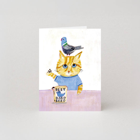 Birdseed Mini Cat and Bird Greeting Card by Studio Boketto