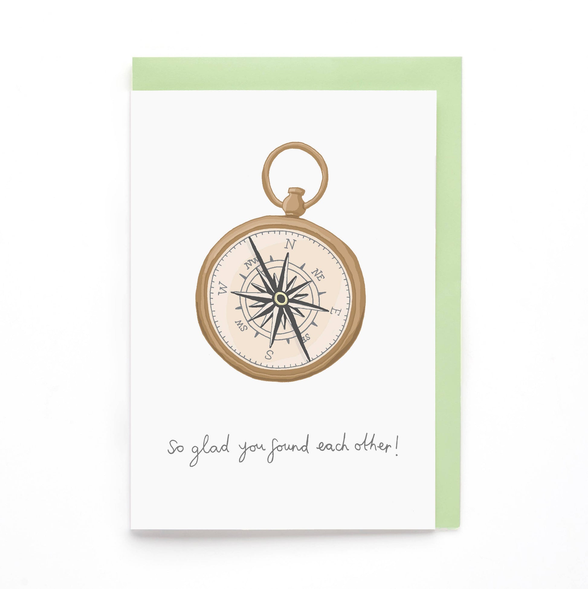 Celebrate their journey with this elegant wedding or engagement card, featuring a hand-drawn illustration of a compass and the heartfelt caption "So Glad You Found Each Other." This unique design is perfect for sharing warm wishes with couples who’ve found their true north.