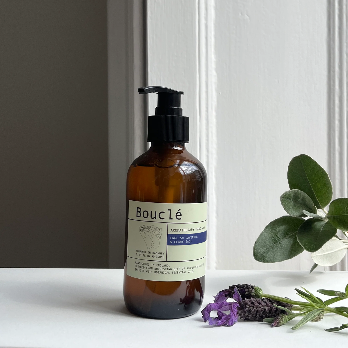 Lavender and Clary Sage Essential Oil Hand Wash in amber glass bottle