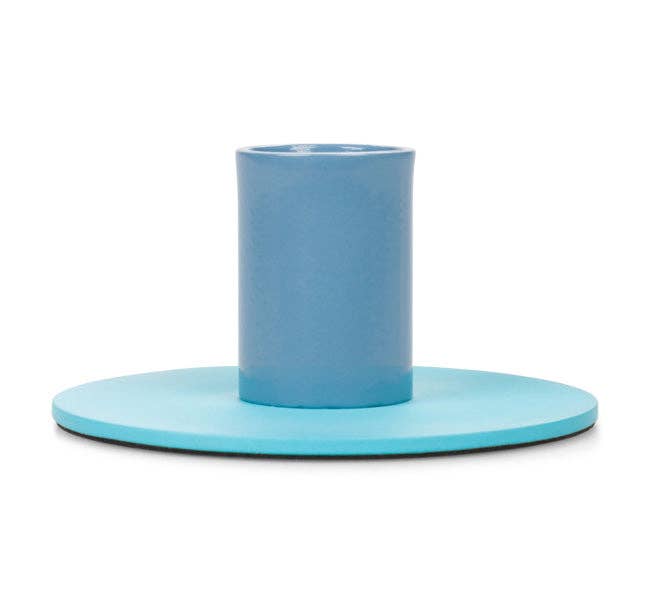Small two-tone metal candleholder by British Colour Standard, painted mild steel with a glossy finish, 8cm diameter x 4cm height, boxed in kraft packaging.