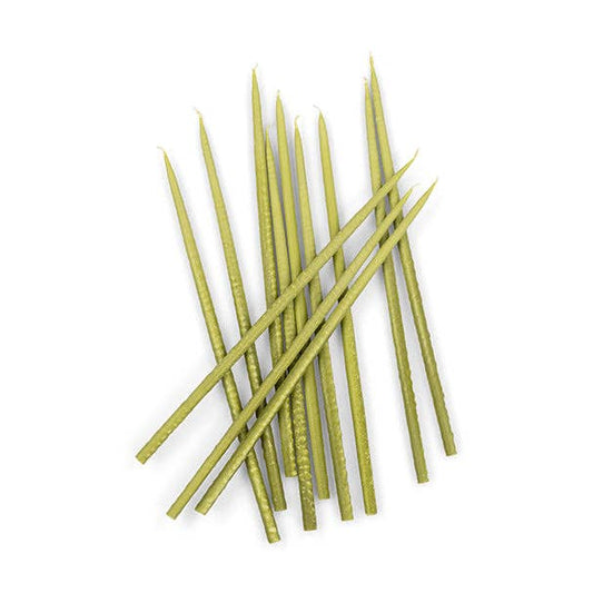 Group of Olive Green Thin Taper Candles, 25cm, standing upright, ready for a sustainable home decor display.