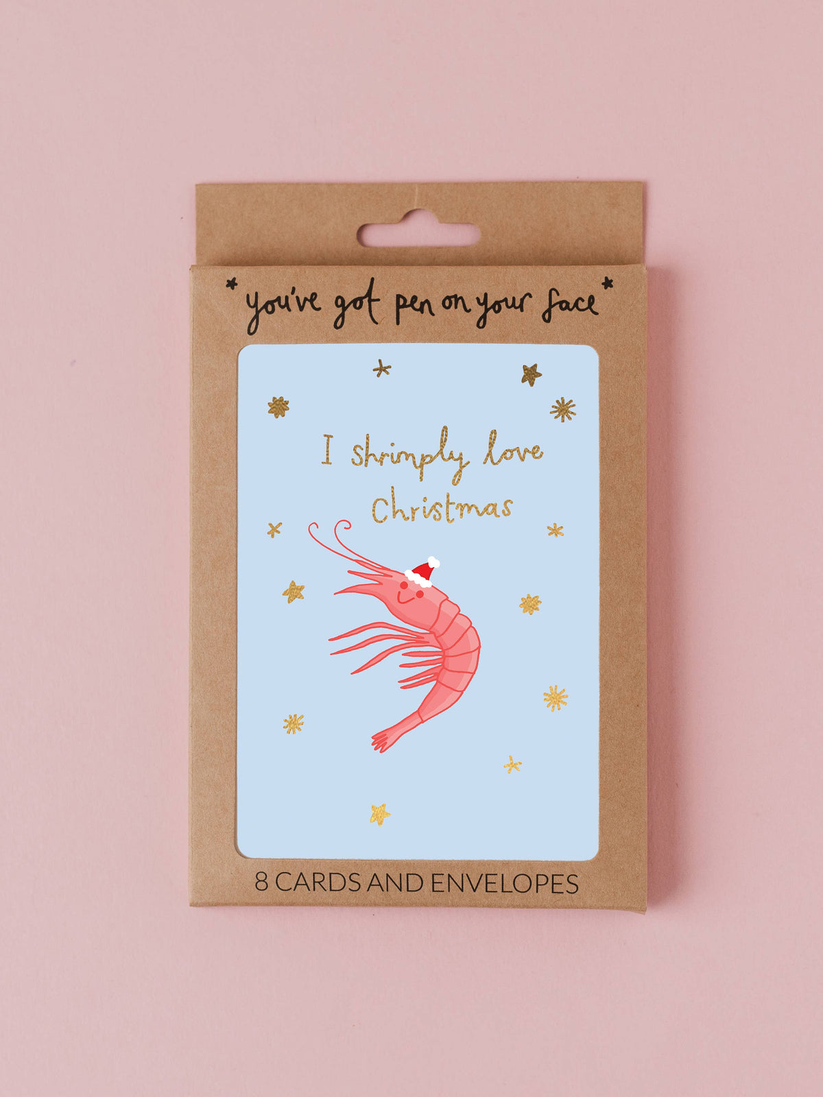 Pack of 8 funny Shrimp Christmas cards featuring a shrimp wearing a party hat with gold foil details