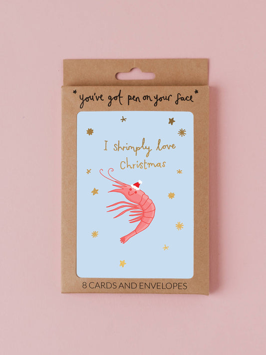 Pack of 8 funny Shrimp Christmas cards featuring a shrimp wearing a party hat with gold foil details