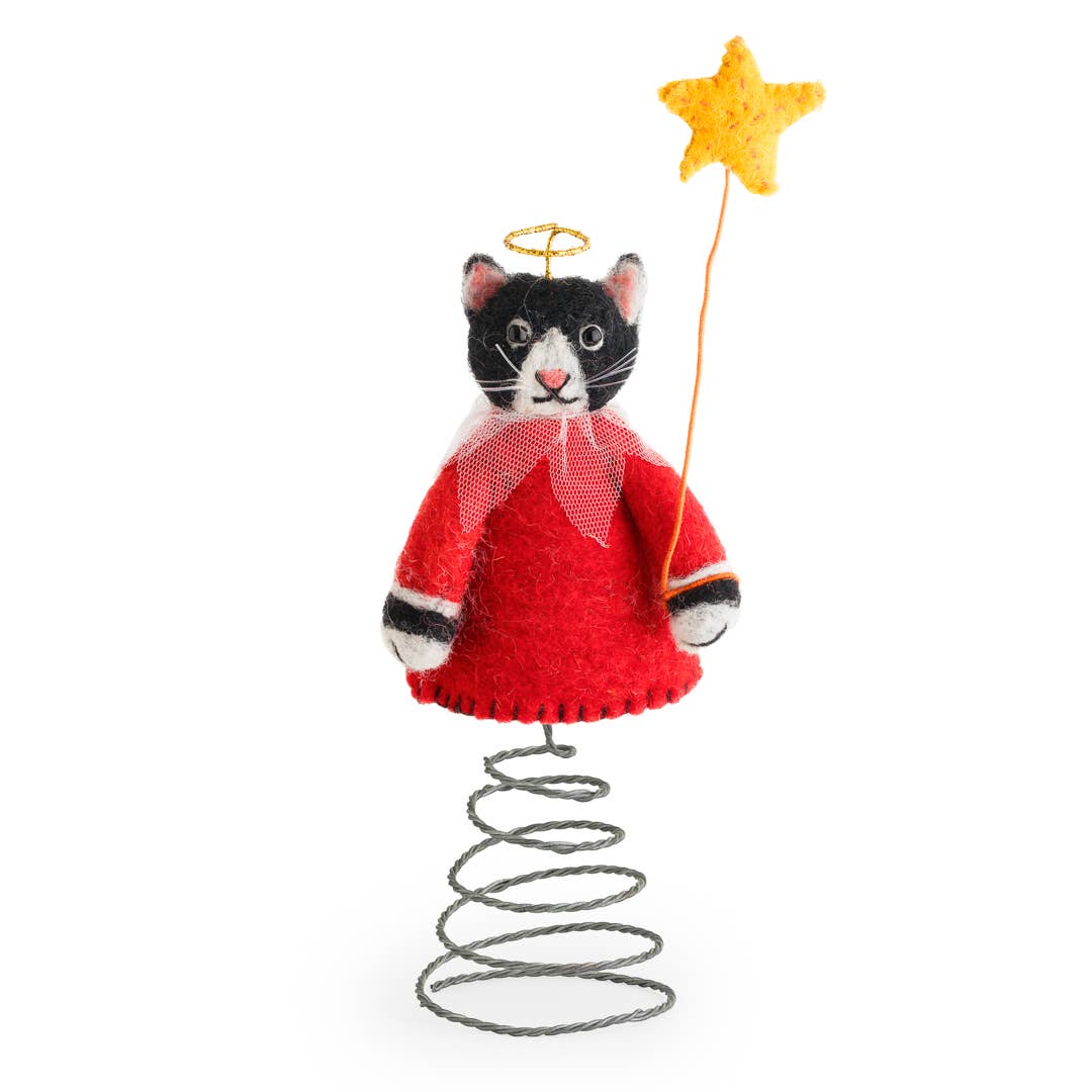 Handmade needle-felted choral cat Christmas tree topper holding a star