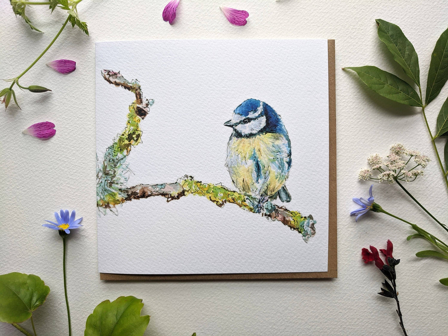 Blue tit bird watercolour illustration greeting card