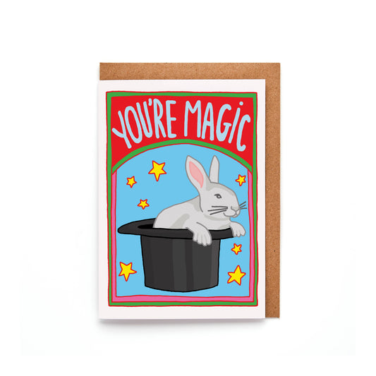 This witty mini greeting card is designed to send positive energy their way. Featuring a bold, hand-drawn illustration of a rabbit popping out of a magician’s hat, it’s a one-of-a-kind card ideal for saying "good luck," "well done," or simply letting someone know how wonderful they are.