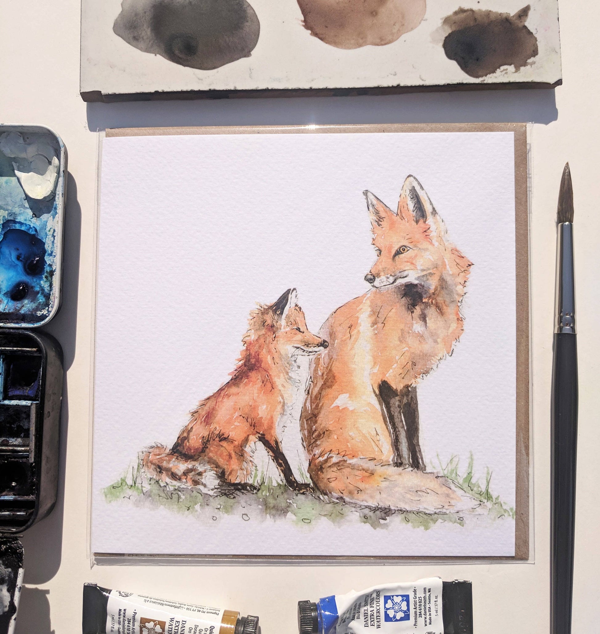 Fox and cub watercolour illustration blank greeting card