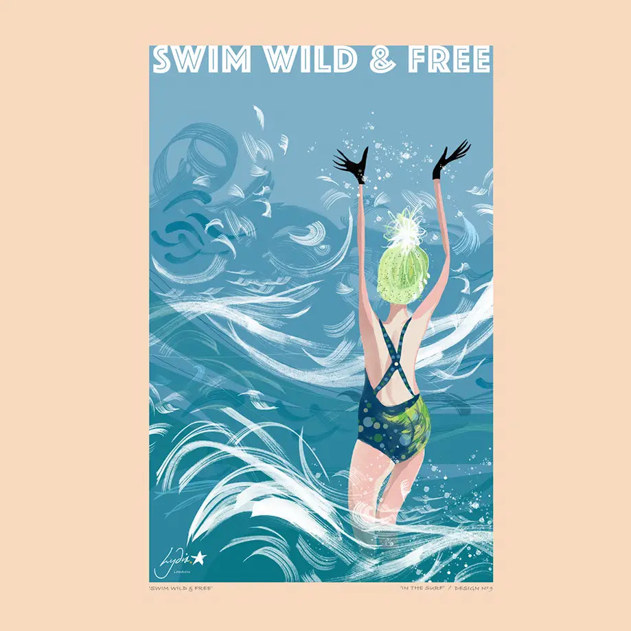 Swim Wild & Free 'In The Surf' premium cotton tea towel featuring illustrative wild swimming design