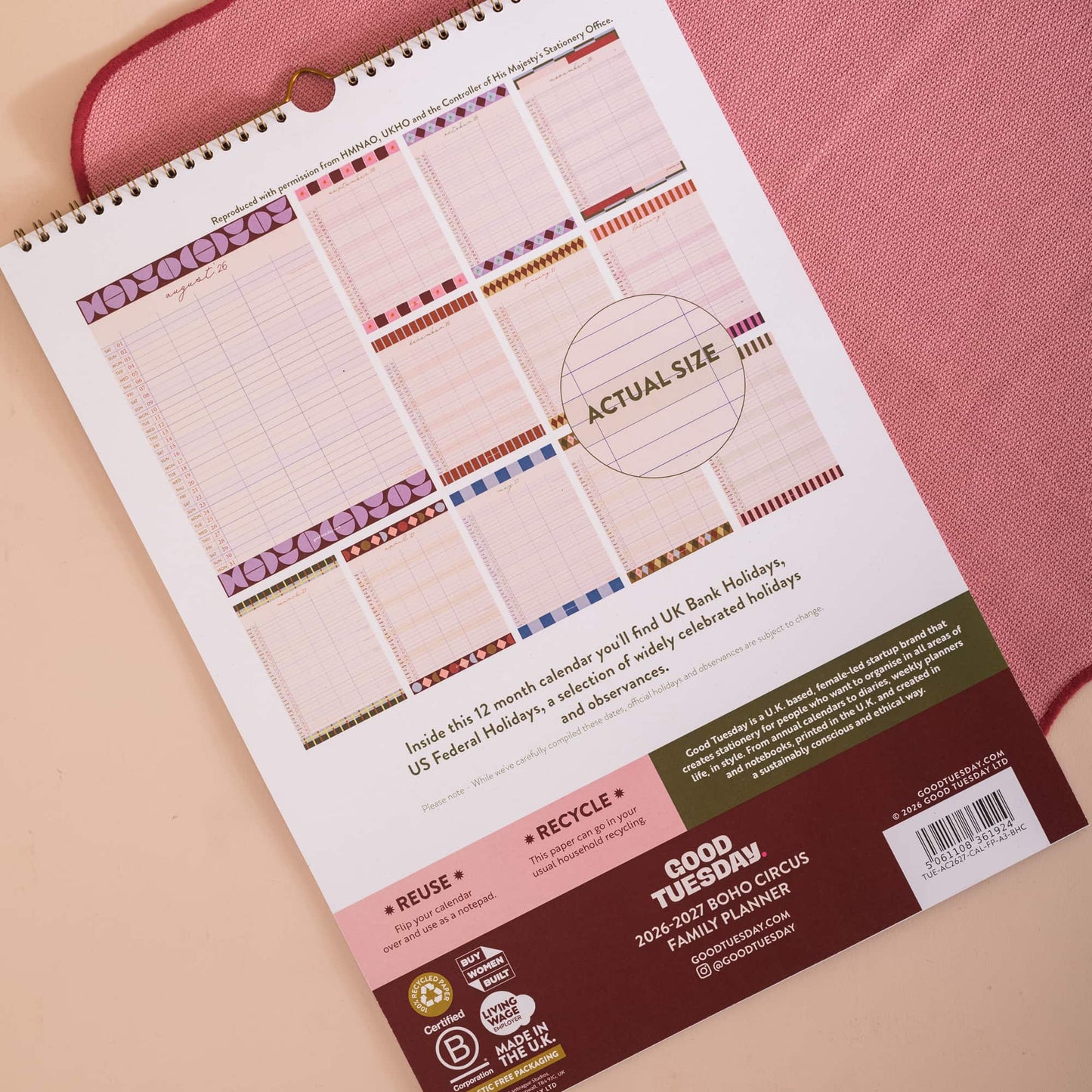 Boho Circus design elements on 2026-2027 family organiser calendar