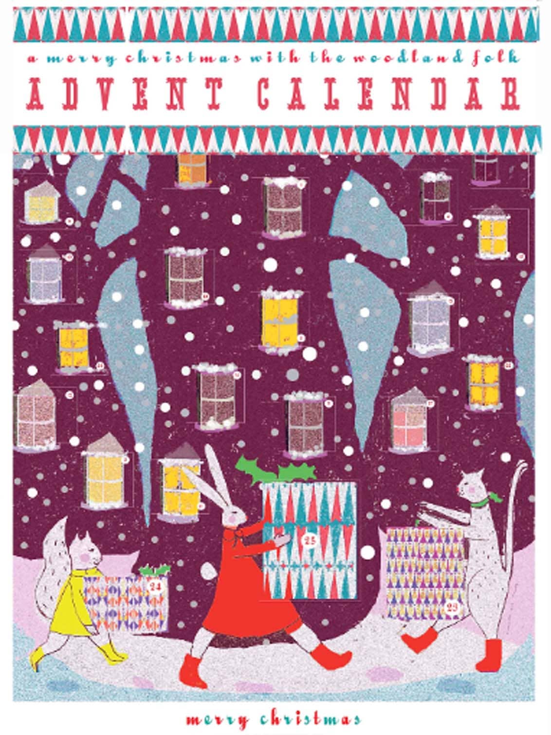 A3 Advent Calendar illustrated by Wini Tapp with 25 woodland Christmas vignettes, hanging ribbon and padded protection