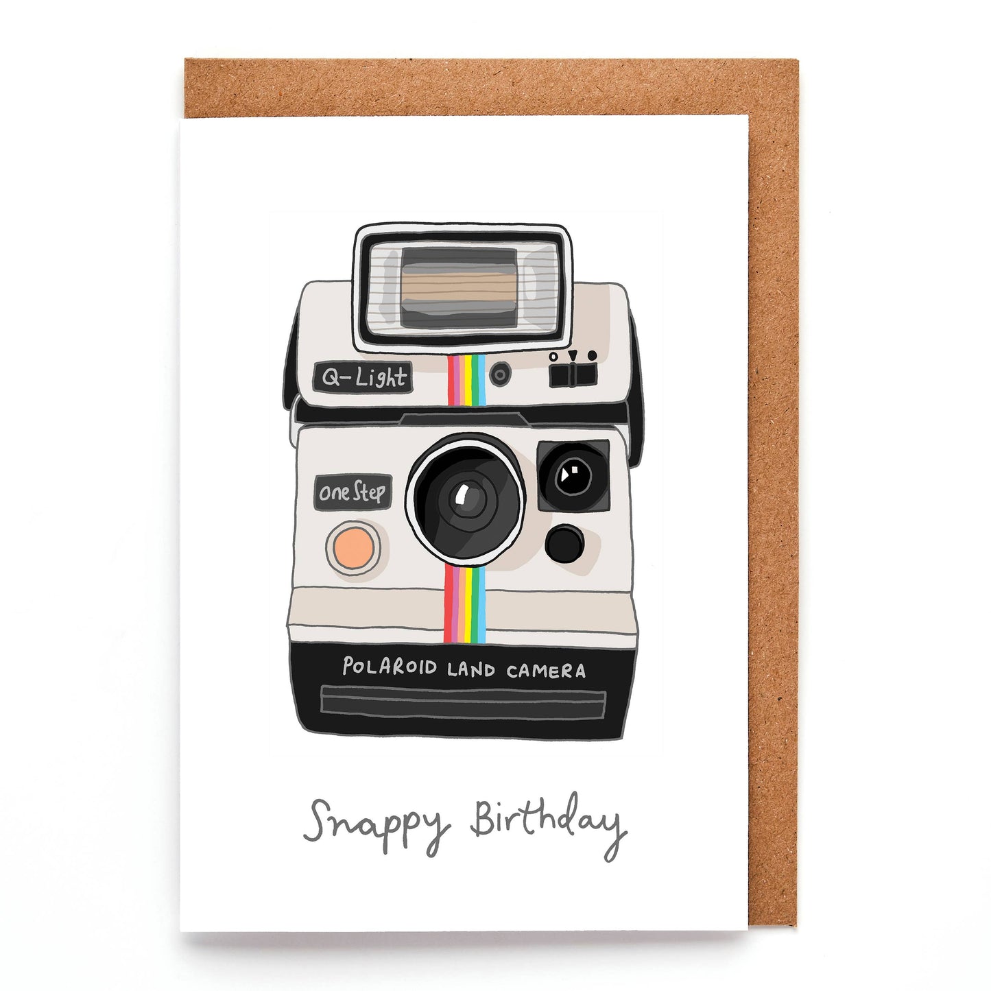 Retro hand-drawn Polaroid camera birthday card with Snappy Birthday text