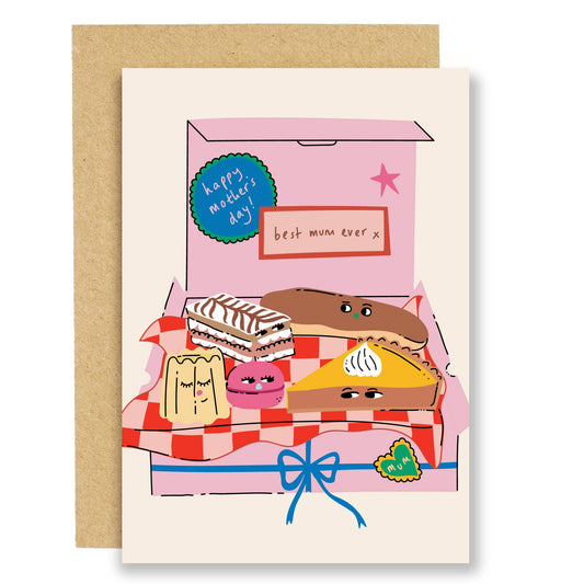 Calling all the mums out there - wish them a very happy Mother's day with this Mother's Day cake box Card. All the cakes are illustrated with faces. With the words on the cake box. Happy Mother's day! best mum ever x