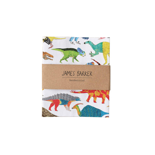 Dinosaur print pocket square, folded with recycled kraft paper band, perfect sustainable gift.