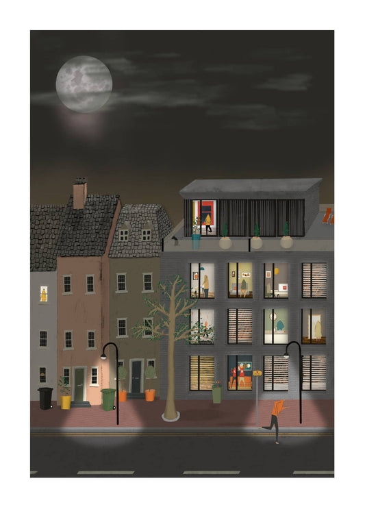 Evening Windows greeting card by Not at all Jack featuring urban landscape illustration.
