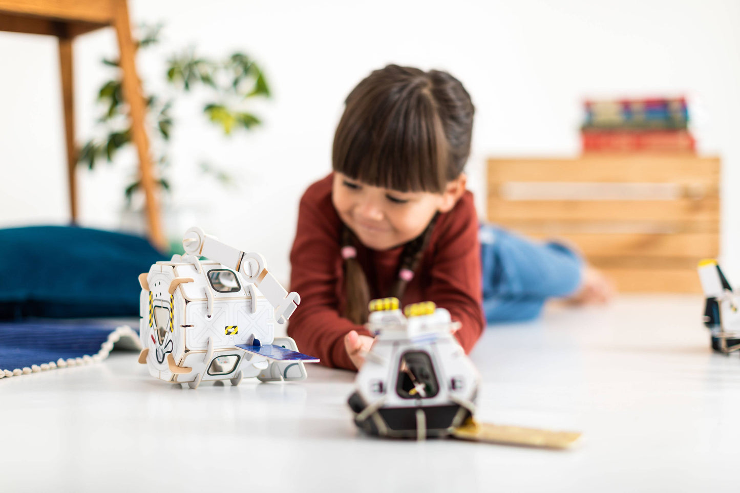 Eco-friendly wooden space station toy pieces disassembled