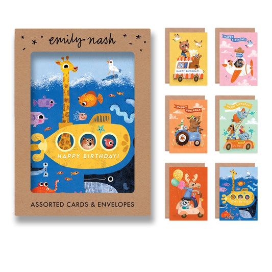 Join the birthday bash with this multipack featuring vibrant animal illustrations, cruising to the celebration in style!

Pack of 6 Illustrated greeting card by Emily Nash Illustration, presented in a cardboard box.