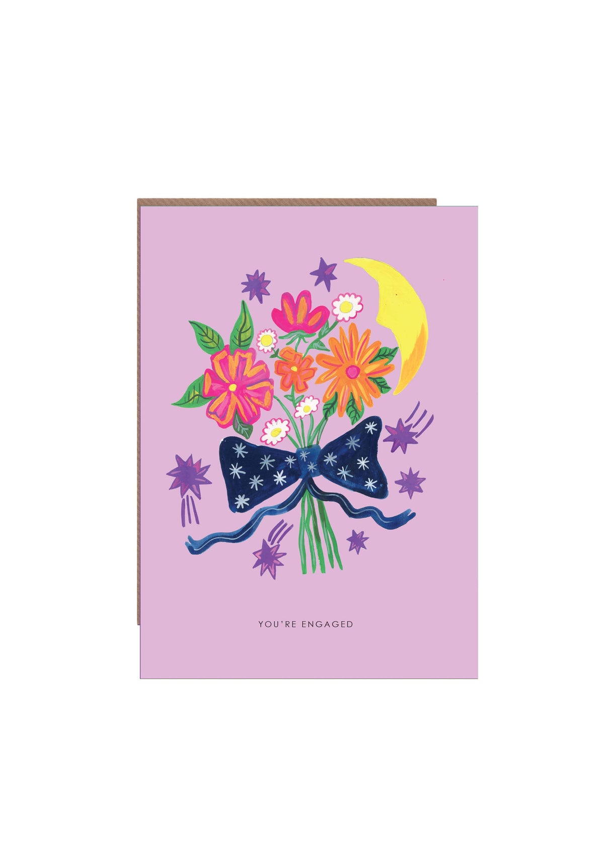 Flowers and Moon Engagement Greetings Card with You're Engaged text
