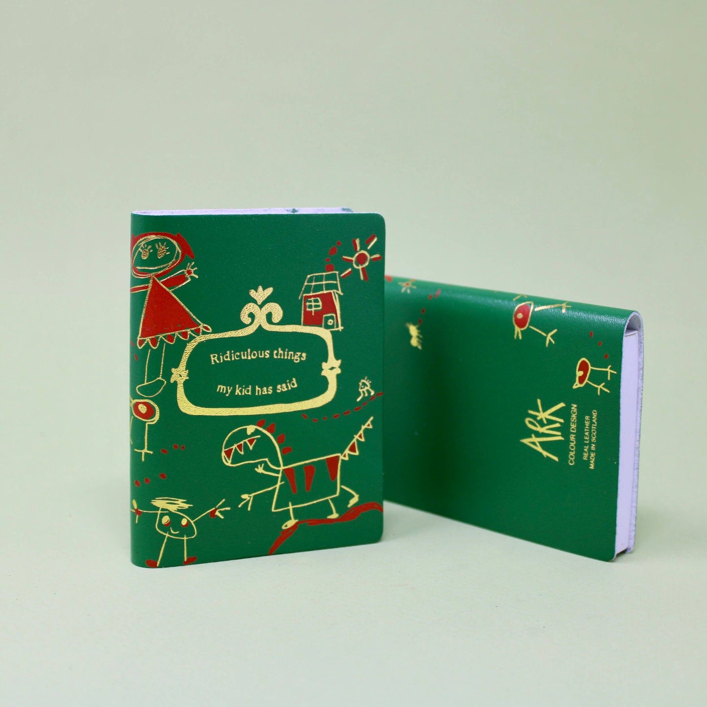 Midi leather journal with gold foil illustration, handmade in Scotland using ethical leather by Ark Colour Design. Green leather gold embossed Ridiculous things my kid has said.