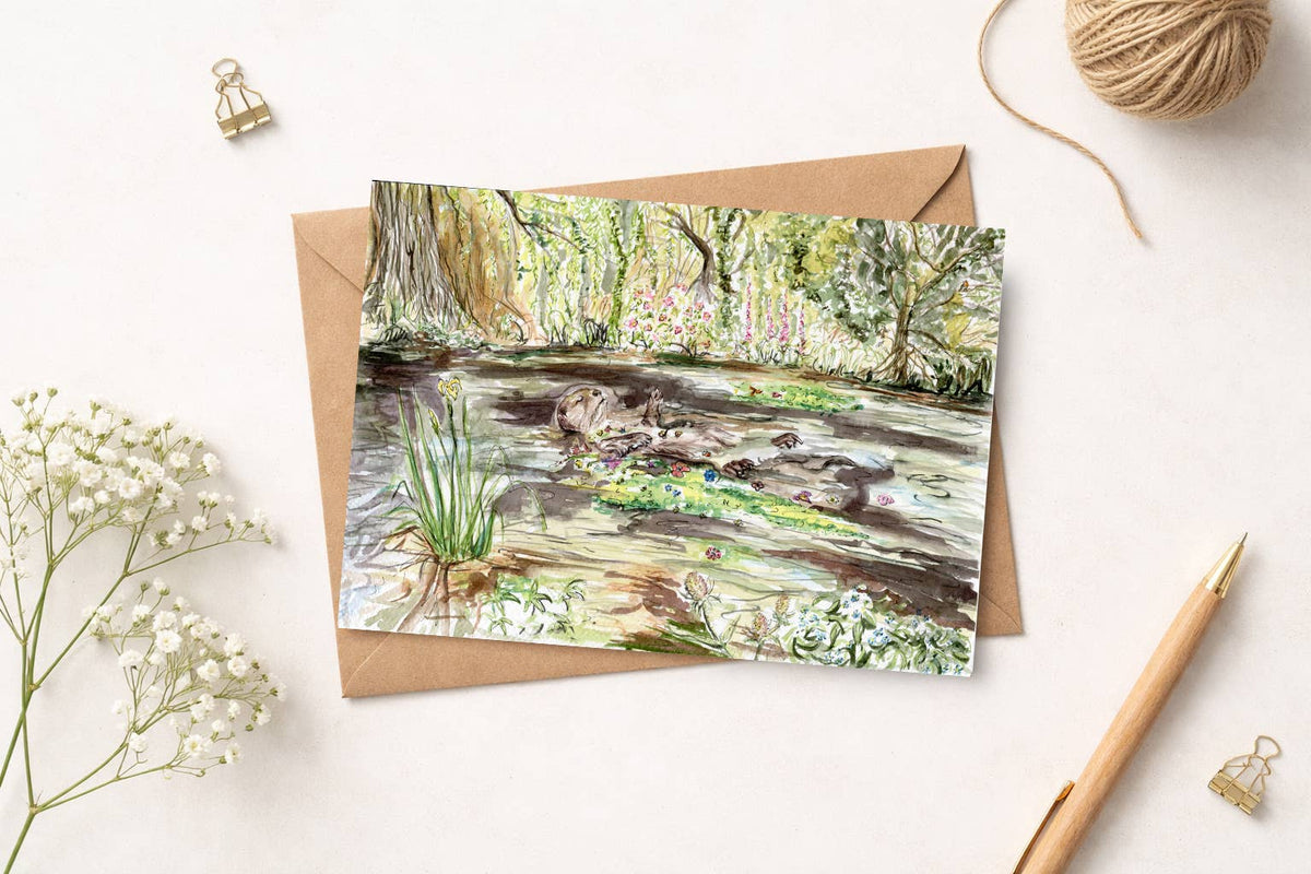 Otterphelia Pre-Raphaelite inspired watercolour otter greeting card with kraft envelope