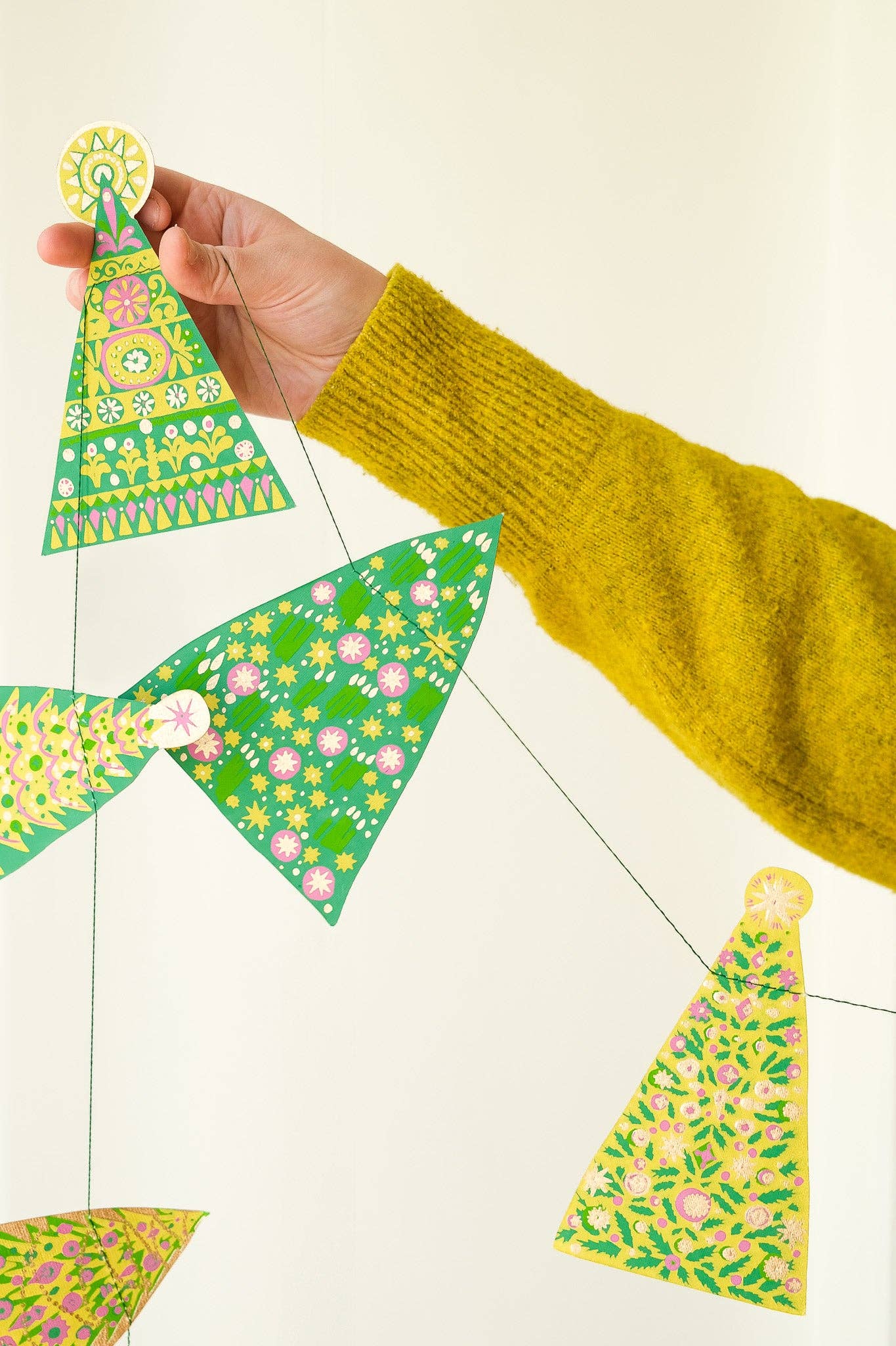 Midcentury Trees Sewn Garland, vibrant festive decor