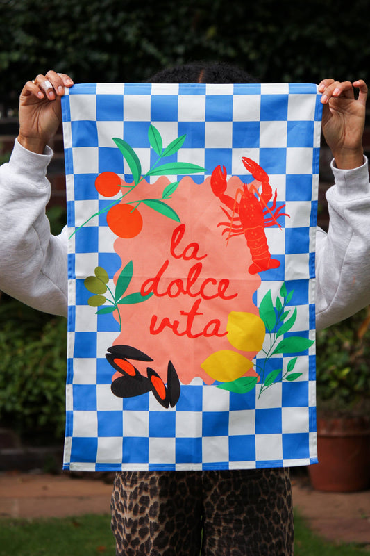 Colourful Mediterranean checkered cotton tea towel with lobster and lemon print