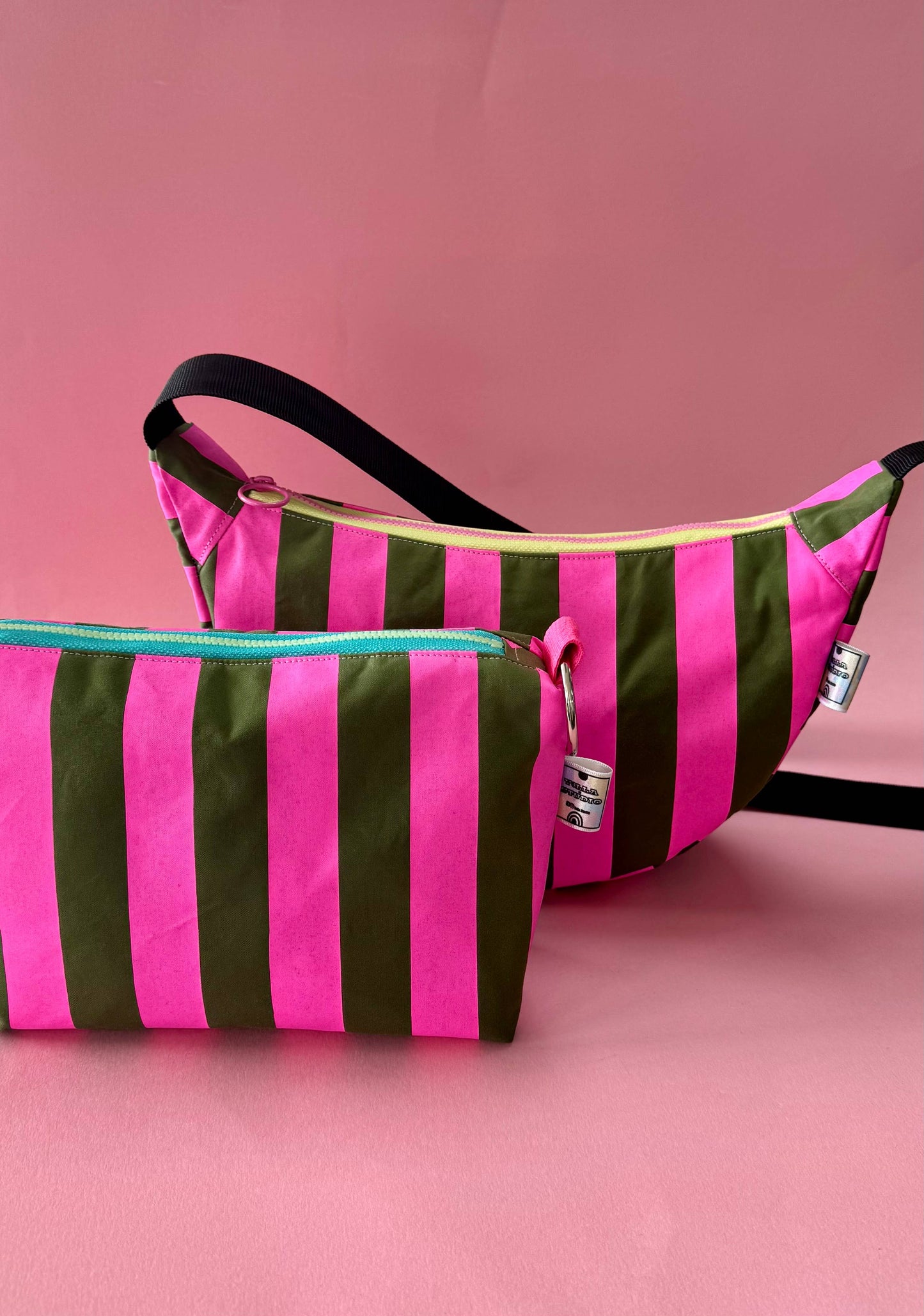 Pink and Green stripes waxed canvas Sling bag
