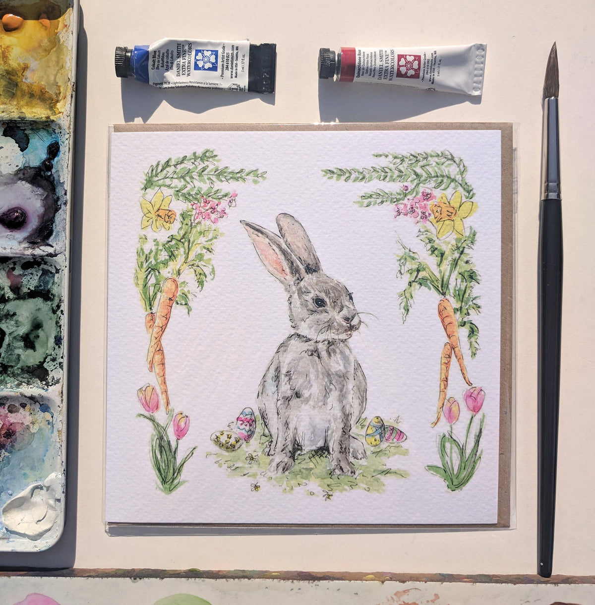 Back of 100% recyclable Easter Bunny greeting card