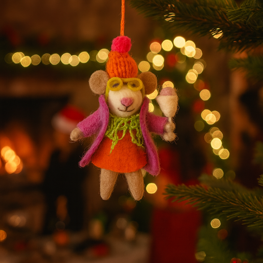 Handmade felt Margie the merry mouse Christmas tree decoration holding a cocktail