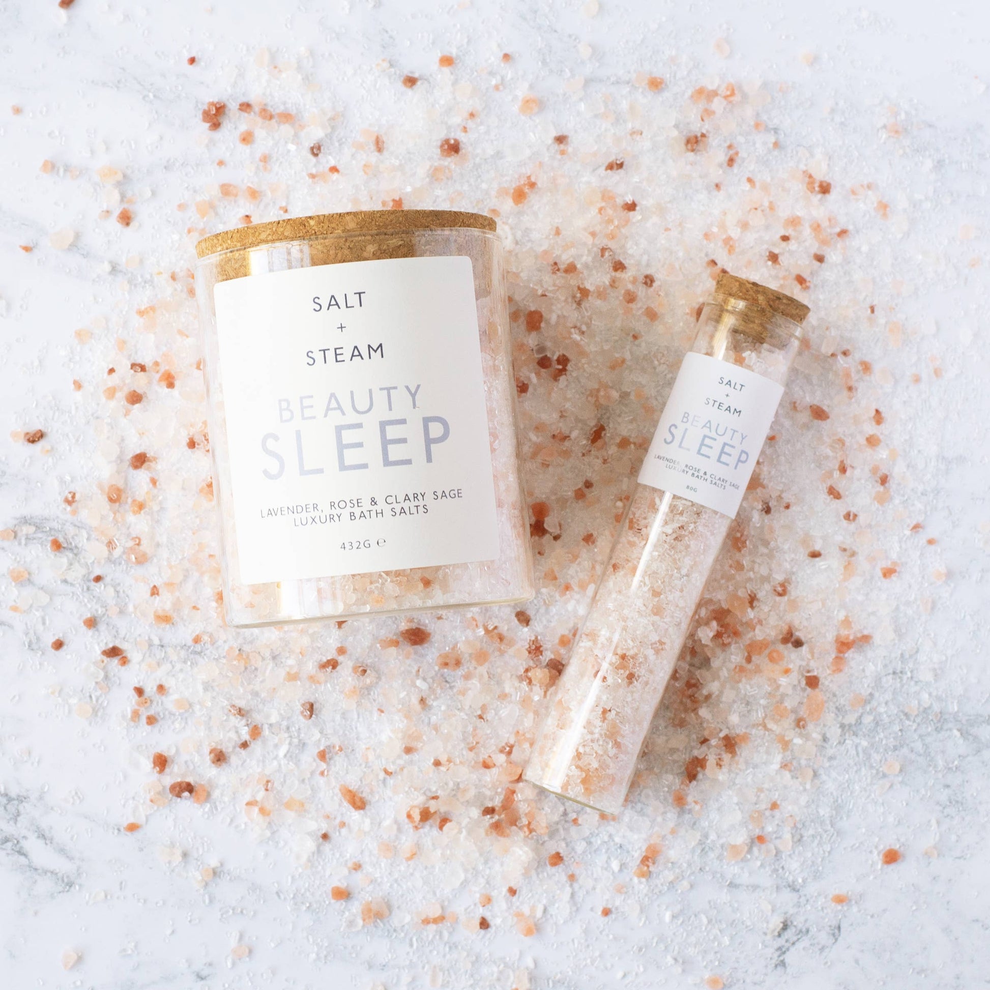 Beauty Sleep Lavender Rose and Clary Sage bath salts in glass jar.