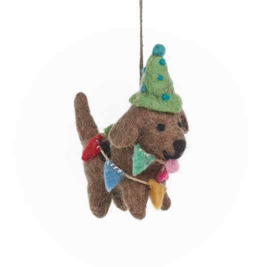 Handmade felt Party Pooch hanging dog decoration by Felt So Good, eco-friendly wool dog with multicoloured bunting and green spotted party hat