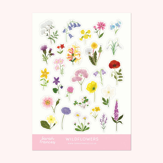Sarah Frances Wildflower Sticker Sheet, A6 matte paper, 27 British wildflowers, watercolour digital illustrations, eco-friendly, kiss cut, permanent adhesive.