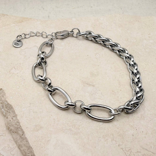 Asymmetric silver mixed chain bracelet for everyday wear