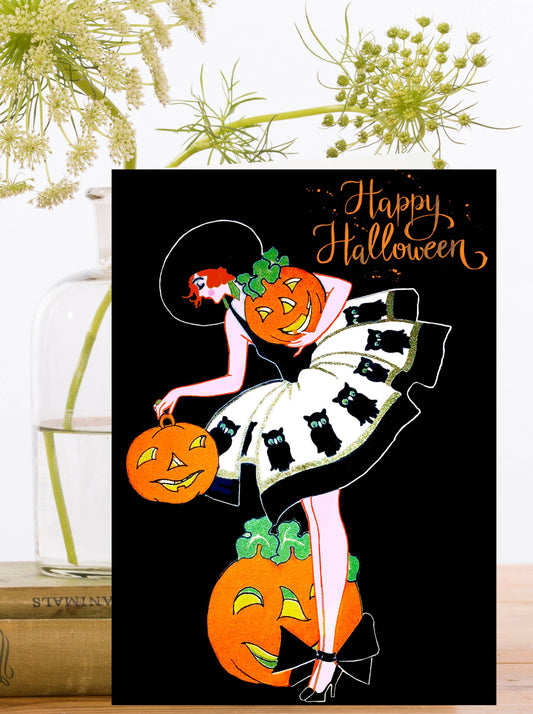 Vintage Inspired Halloween Card by Madame Treacle, FSC certified 320gsm textured card, recyclable sleeve, ivory envelope, blank inside, eco-friendly Halloween greeting card made in England