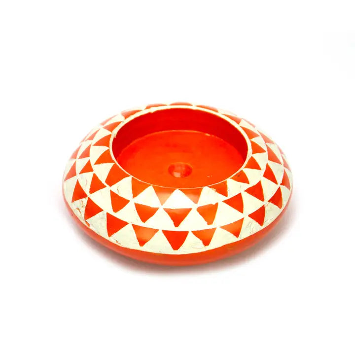 Kenyan Soapstone Tea Light Candle Holder 'orange Sun Mask'. Ethically made in Kenya.