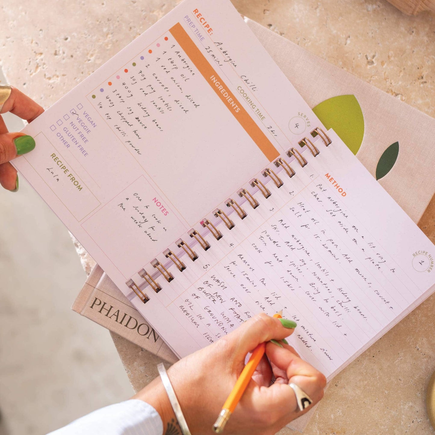 Inside view of the Kitchen Dancing recipe journal showing index page