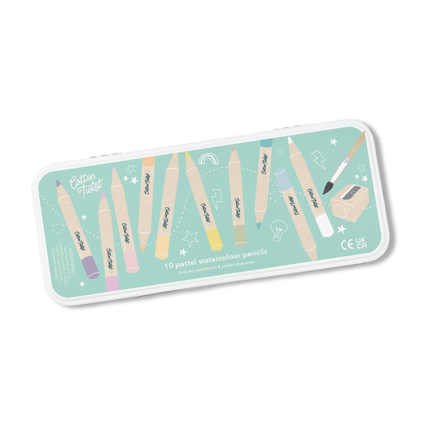 Cotton Twist Pastel Watercolour Pencils Set open tin with pencils, paintbrush, and sharpener