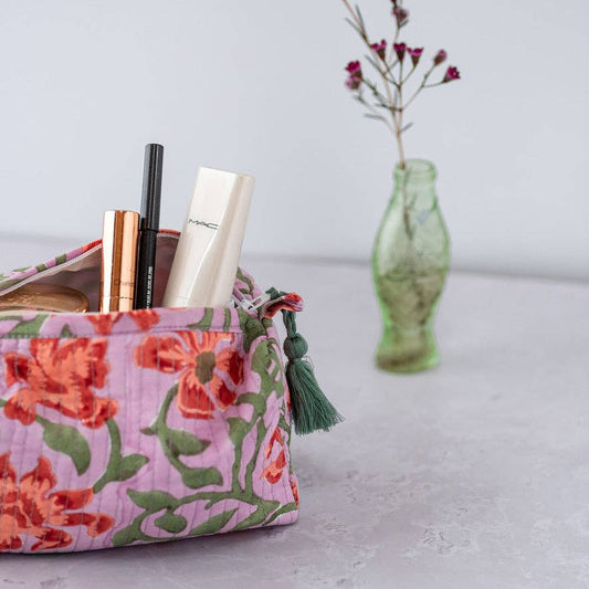 Handmade block printed wash bag in clementine design