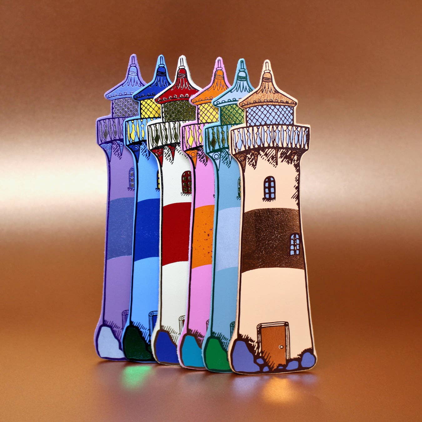 Lighthouse foiled leather bookmark in blue and gold