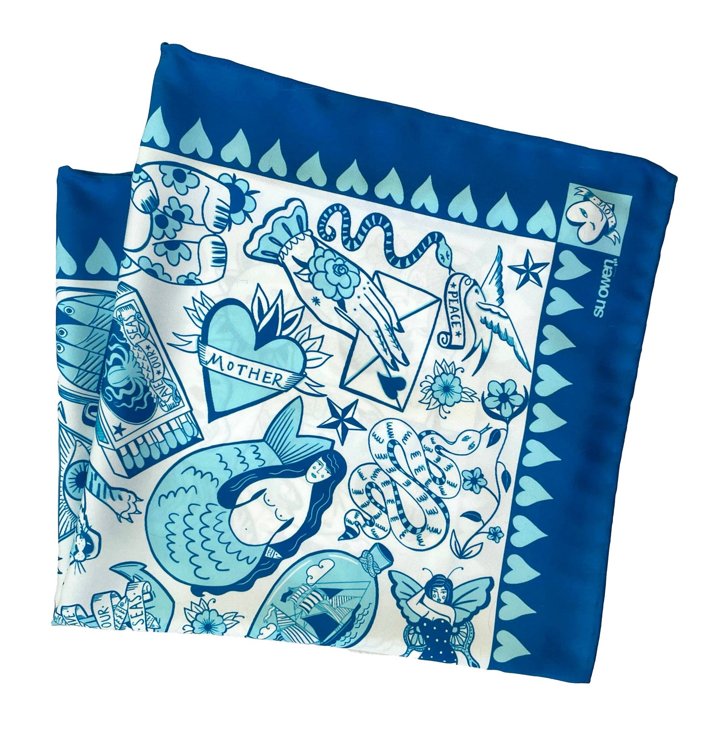 I Love Tattoos eco neckerchief pocket square by Su Owen, tattoo-inspired design printed on 100% recycled polyester eco silk twill, UK made