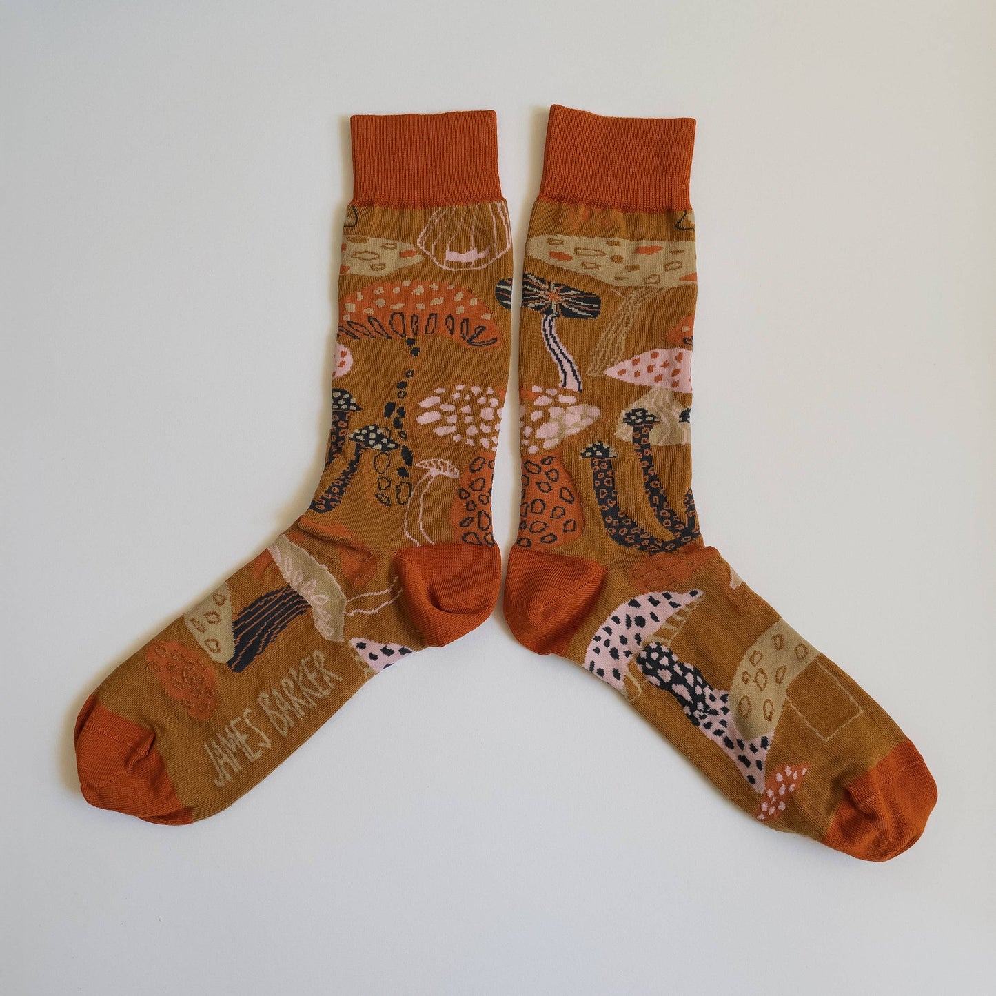 James Barker Mushroom socks in five colours, illustrated nature pattern, made from combed cotton.