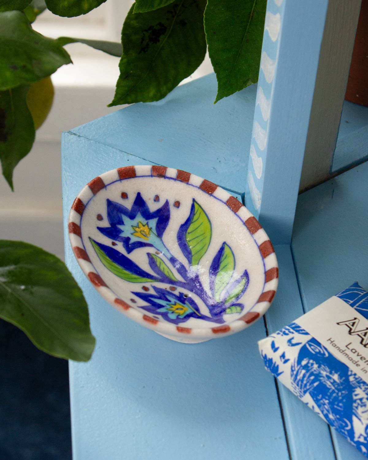 Handmade Blue Pottery soap dish featuring drainage holes