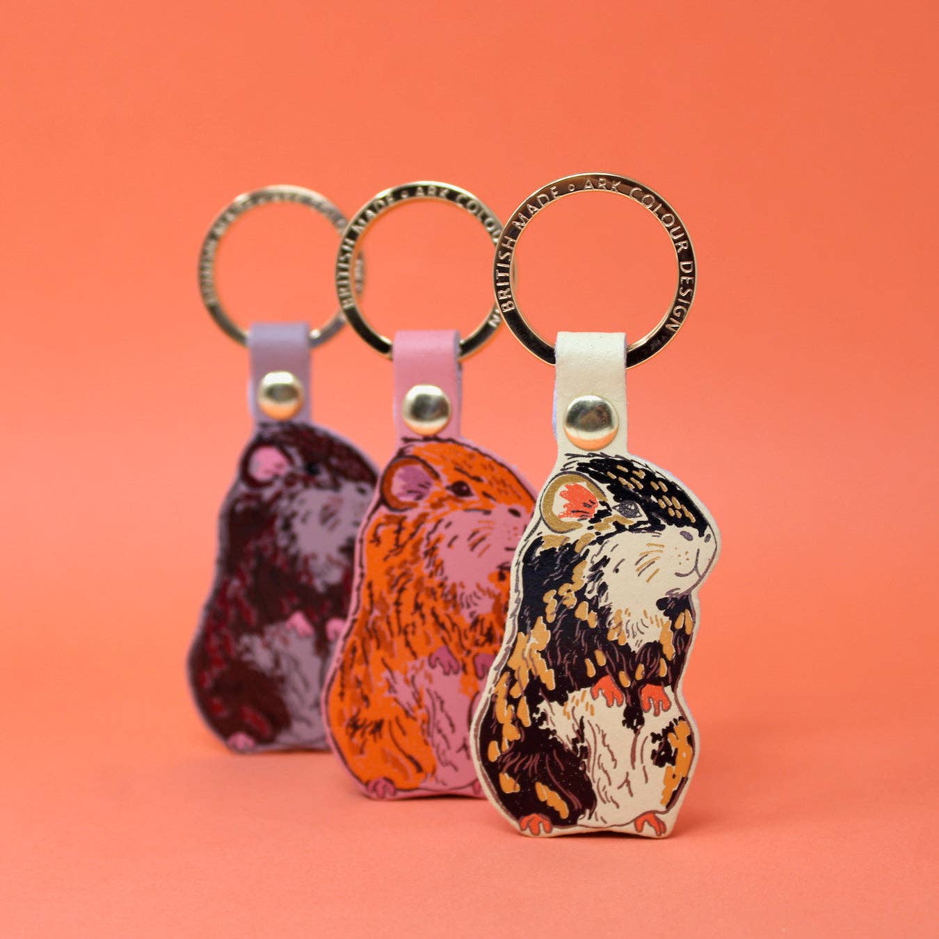 Ark Colour Design Guinea Pig Keyring, ethically sourced leather, gold-plated ring